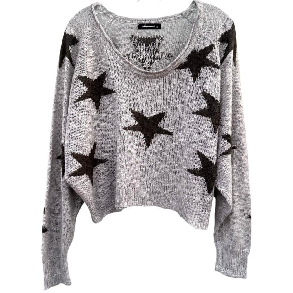 Olivaceous Star Print Long Sleeve Sweater Gray Knit Top Size Small